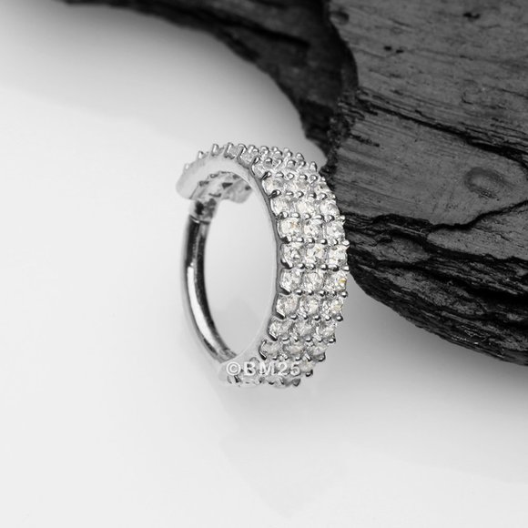 14K White Gold Brilliant Sparkle Triple Lined Gems Seamless Clicker Hoop Ring
